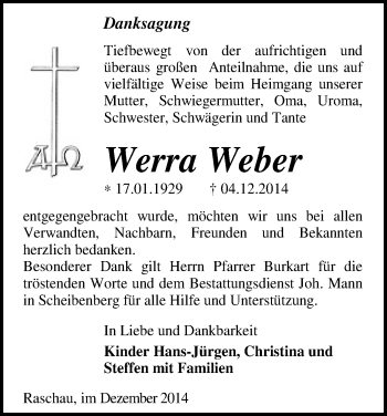 Todesanzeige von Werra Weber von Schwarzenberg