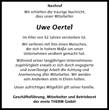 Todesanzeige von Uwe Oertel von Plauen