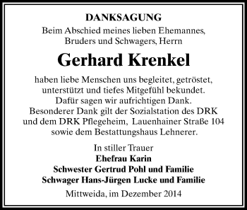 Todesanzeige von Gerhard Krenkel von Mittweida