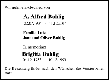 Todesanzeige von Alfred und Brigitta Buhlig von Flöha