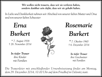 Todesanzeige von Erna und Rosemarie Burkert von Stollberg