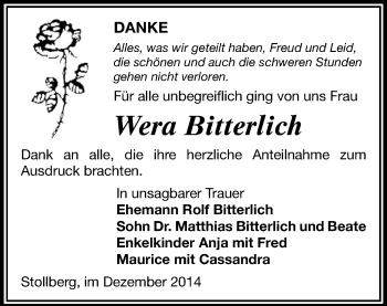 Todesanzeige von Wera Bitterlich von Stollberg