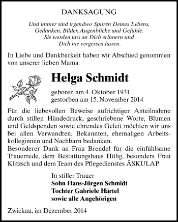 Todesanzeige von Helga Schmidt von Zwickau