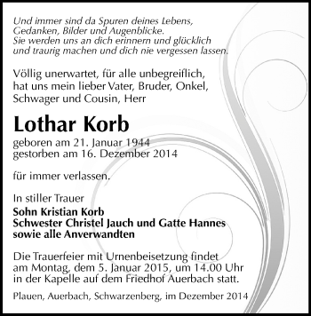 Todesanzeige von Lothar Korb von Auerbach