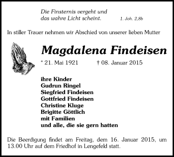 Todesanzeige von Magdalena Findeisen von Marienberg