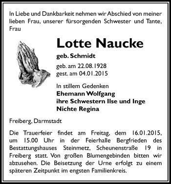 Todesanzeige von Lotte Naucke von Freiberg / Brand Erbisdorf
