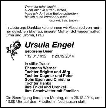 Todesanzeige von Ursula Engel von Marienberg, Freiberg / Brand Erbisdorf