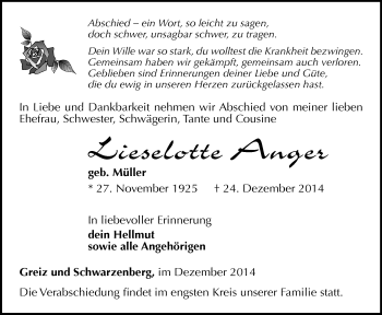Todesanzeige von Lieselotte Anger von Schwarzenberg