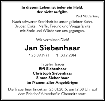 Todesanzeige von Jan Siebenhaar von Chemnitz