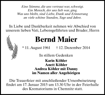 Todesanzeige von Bernd Maier von Chemnitz