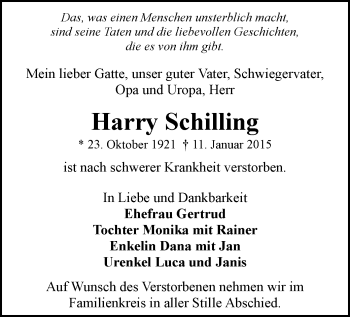 Todesanzeige von Harry Schilling von Hohenstein-Ernstthal, Stollberg