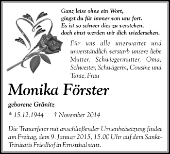 Todesanzeige von Monika Förster von Hohenstein-Ernstthal
