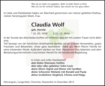 Todesanzeige von Claudia Wolf von Auerbach, Reichenbach