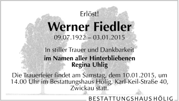 Todesanzeige von Werner Fiedler von Zwickau