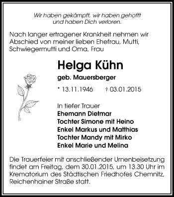Todesanzeige von Helga Kühn von Chemnitz