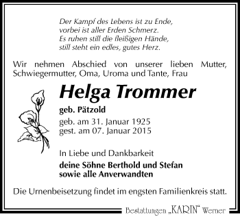 Todesanzeige von Helga Trommer von Plauen