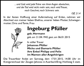 Todesanzeige von Ingeburg Pfüller von Annaberg, Zschopau