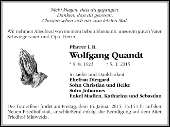 Todesanzeige von Wolfgang Quandt von Chemnitz, Mittweida