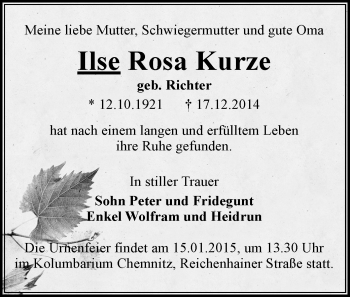Todesanzeige von Ilse Rosa Kurze von Marienberg