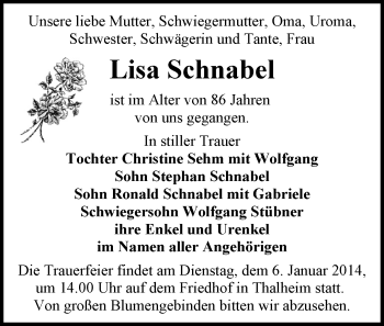 Todesanzeige von Lisa Schnabel von Stollberg