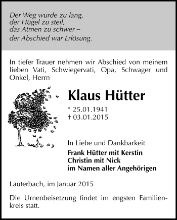 Todesanzeige von Klaus Hütter von Werdau