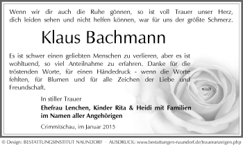 Todesanzeige von Klaus Bachmann von Werdau