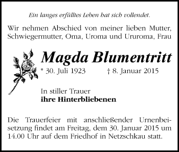 Todesanzeige von Magda Blumentritt von Reichenbach