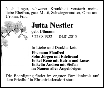 Todesanzeige von Jutta Nestler von Annaberg