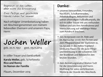 Todesanzeige von Jochen Weller von Auerbach, Oberes Vogtland, Plauen