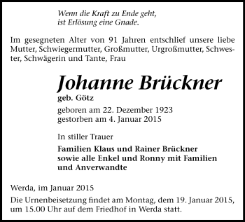 Todesanzeige von Johanne Brückner von Auerbach