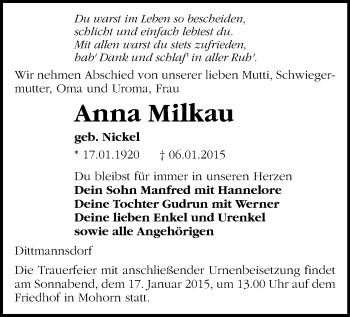 Todesanzeige von Anna Milkau von Freiberg / Brand Erbisdorf