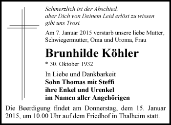 Todesanzeige von Brunhilde Köhler von Stollberg