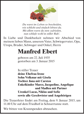 Todesanzeige von Manfred Ebert von Auerbach, Aue
