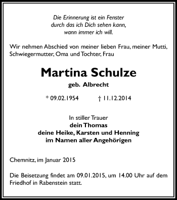 Todesanzeige von Martina Schulze von Chemnitz