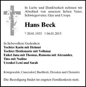 Todesanzeige von Hans Beck von Annaberg