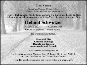Todesanzeige von Helmut Schwotzer von Glauchau