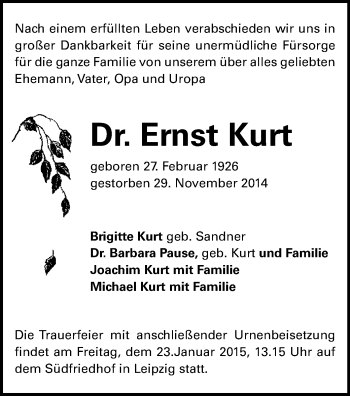Todesanzeige von Ernst Kurt von Chemnitz