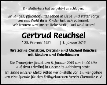Todesanzeige von Gertrud Reuchsel von Chemnitz
