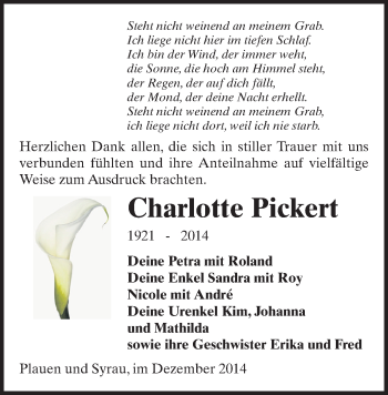 Todesanzeige von Charlotte Pickert von Plauen
