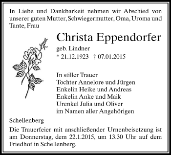 Todesanzeige von Christa Eppendorfer von Flöha