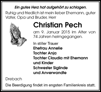 Todesanzeige von Christian Pech von Annaberg, Zschopau