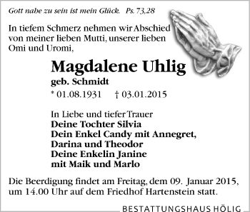 Todesanzeige von Magdalene Uhlig von Zwickau