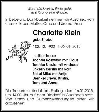 Todesanzeige von Charlotte Klein von Auerbach, Reichenbach