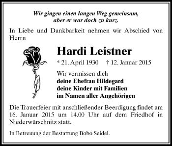 Todesanzeige von Hardi Leistner von Stollberg