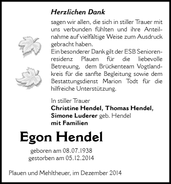 Todesanzeige von Egon Hendel von Plauen