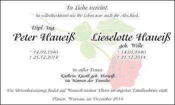 Todesanzeige von Peter und Lieselotte Haueiß von Plauen