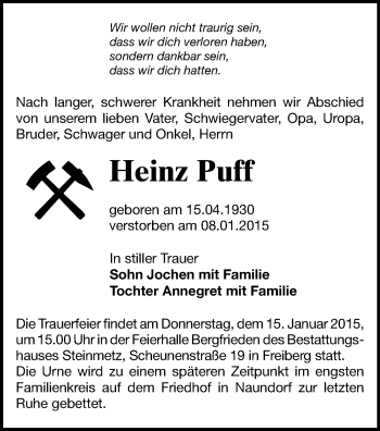 Todesanzeige von Heinz Puff von Freiberg / Brand Erbisdorf