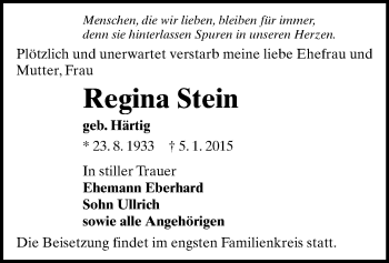Todesanzeige von Regina Stein von Freiberg / Brand Erbisdorf