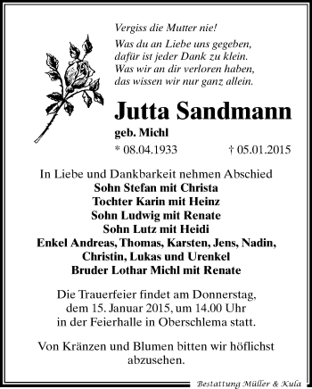 Todesanzeige von Jutta Sandmann von Aue