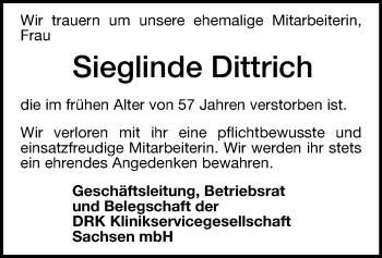 Todesanzeige von Sieglinde Dittrich von Chemnitz, Hohenstein-Ernstthal